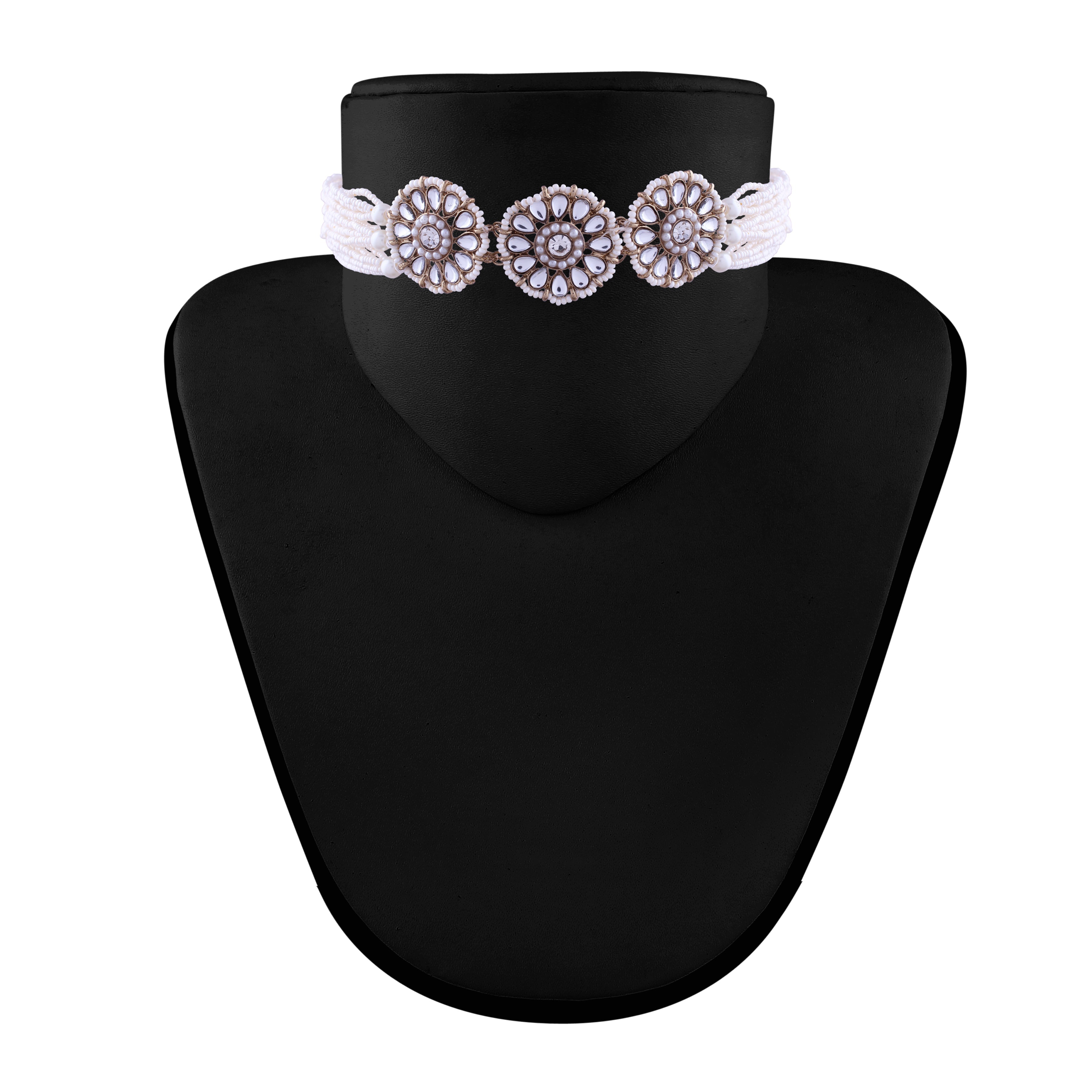 Women's 18K Gold Plated Traditional Kundan Studded Pearl choker with Earrings