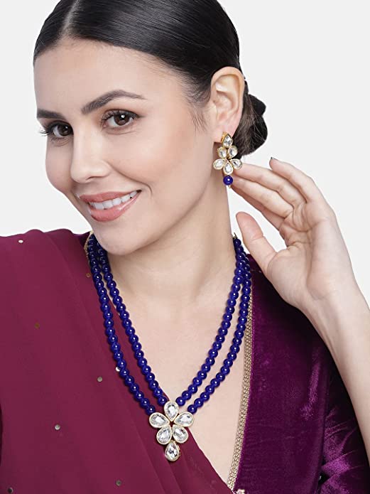Women's 18k Gold Plated Traditional Kundan & Pearl Studded Necklace Jewellery Set ML3