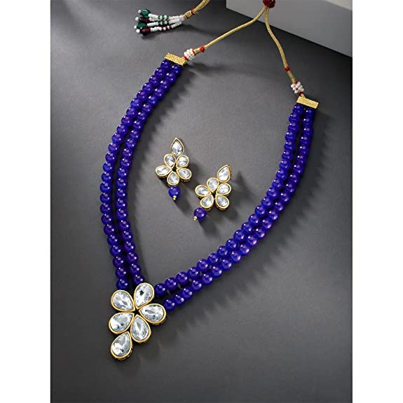 Women's 18k Gold Plated Traditional Kundan & Pearl Studded Necklace Jewellery Set ML3