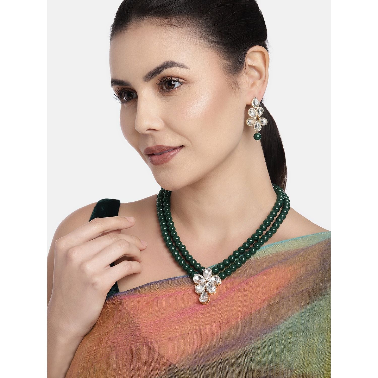 Women's 18k Gold Plated Traditional Kundan & Pearl Studded Necklace Jewellery Set