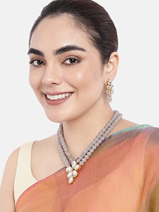 Women's 18k Gold Plated Traditional Kundan & Pearl Studded Necklace Jewellery Set ML3