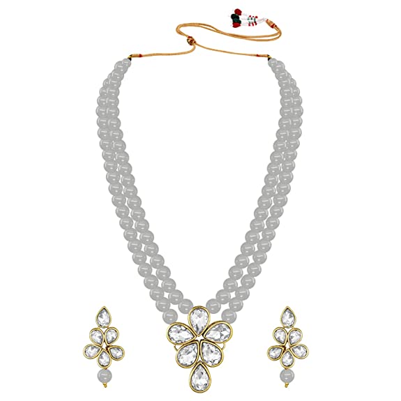 Women's 18k Gold Plated Traditional Kundan & Pearl Studded Necklace Jewellery Set ML3