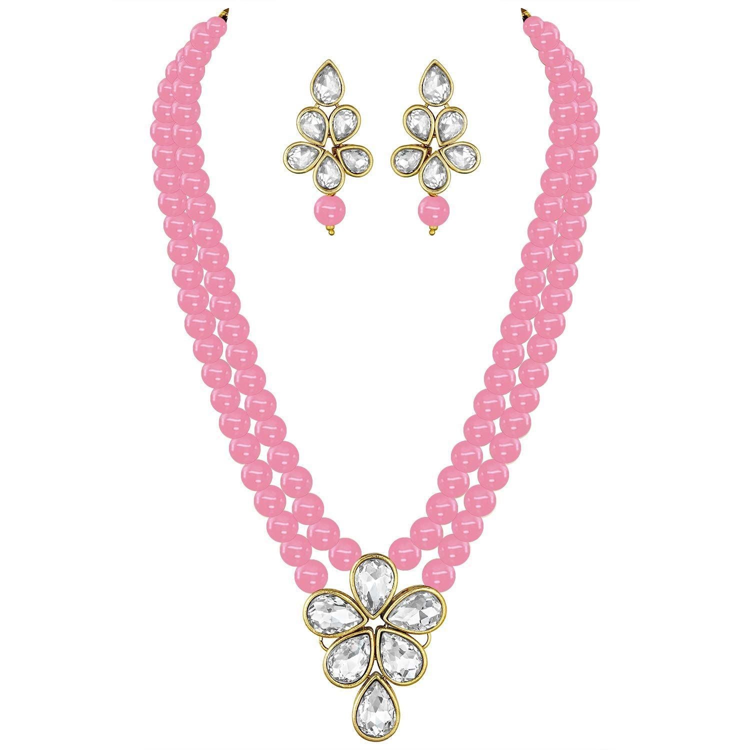 Women's 18k Gold Plated Traditional Kundan & Pearl Studded Necklace Jewellery Set