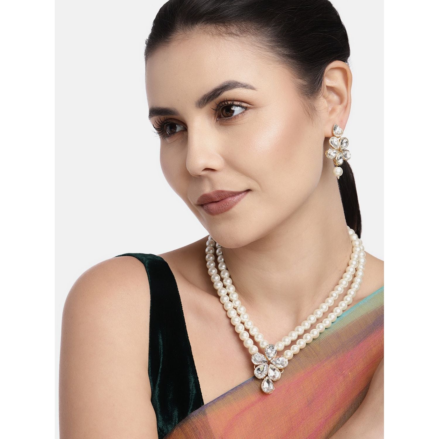 Women's 18k Gold Plated Traditional Kundan & Pearl Studded Necklace Jewellery Set