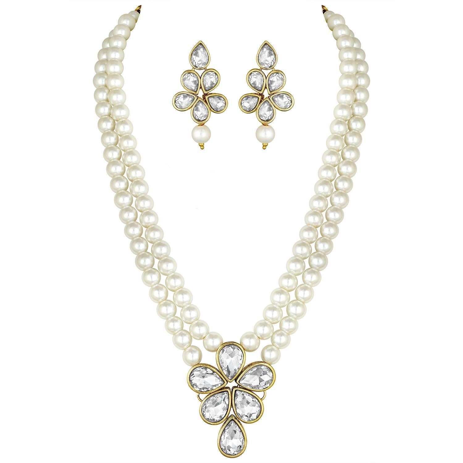 Women's 18k Gold Plated Traditional Kundan & Pearl Studded Necklace Jewellery Set