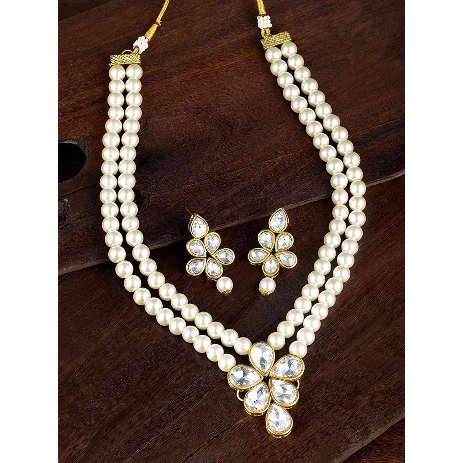 Women's 18k Gold Plated Traditional Kundan & Pearl Studded Necklace Jewellery Set