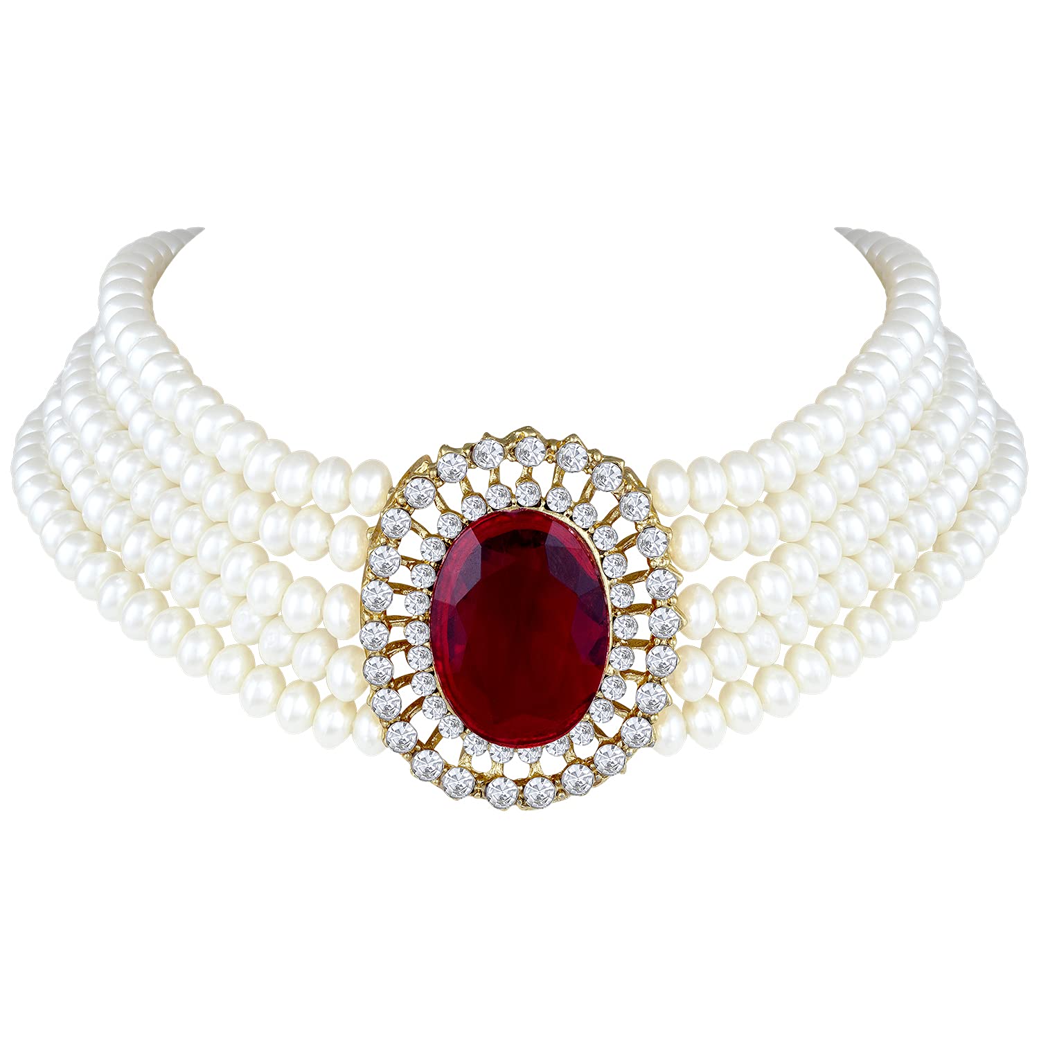 Women's Gold Plated Traditional Green Stone Studded Pearl Choker Necklace Jewellery Set