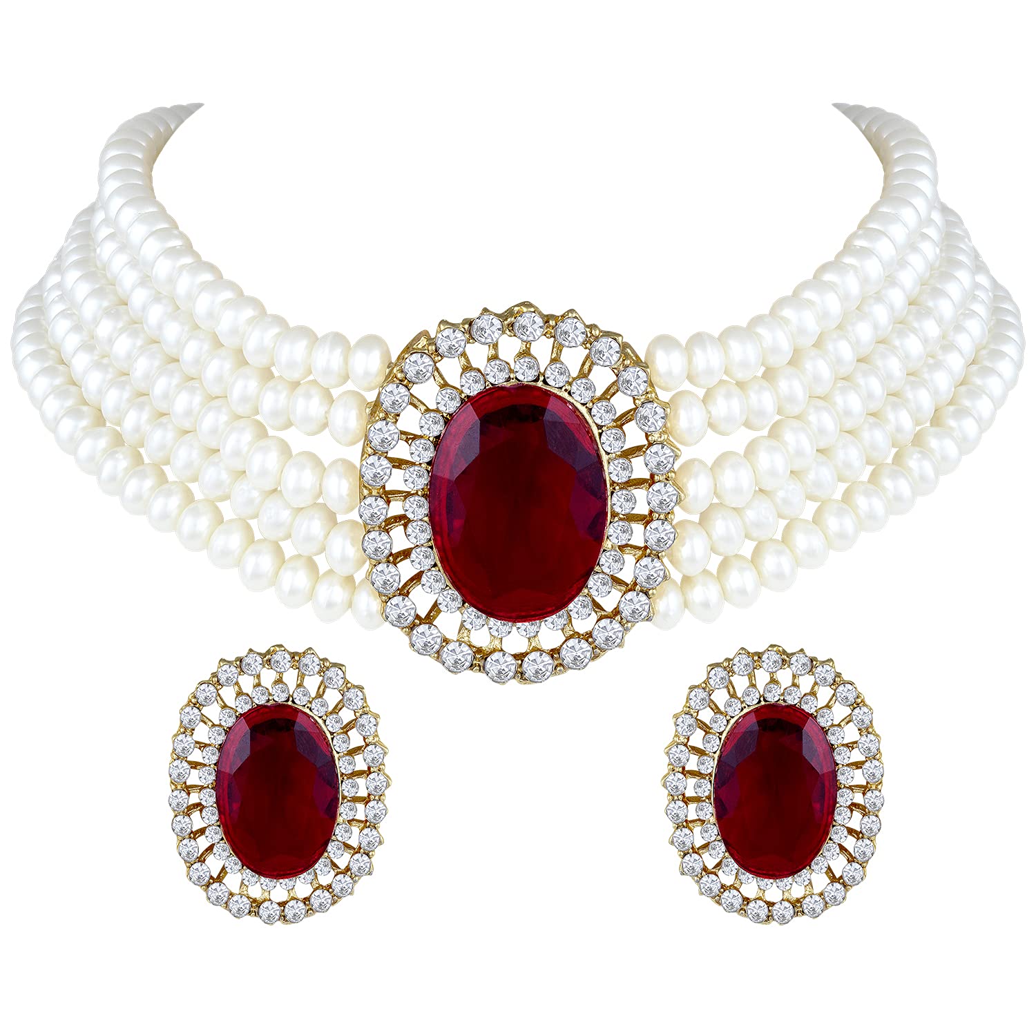 Women's Gold Plated Traditional Green Stone Studded Pearl Choker Necklace Jewellery Set