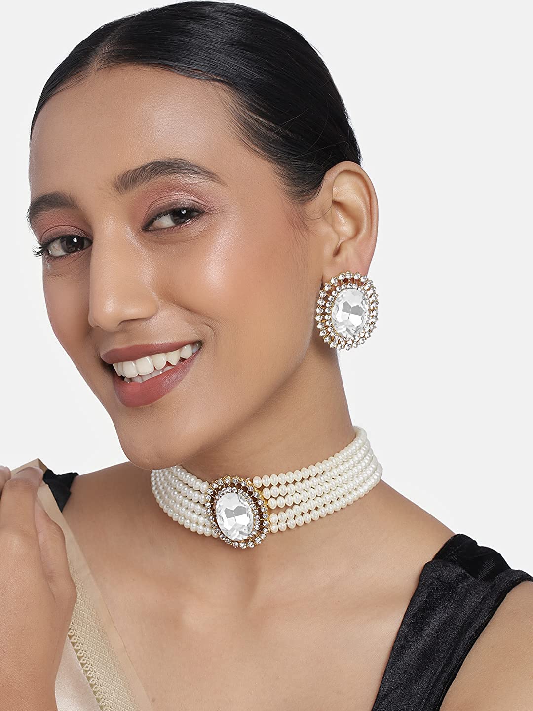 Women's Gold Plated Traditional Green Stone Studded Pearl Choker Necklace Jewellery Set