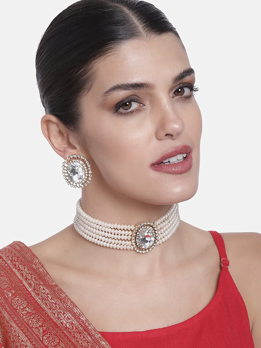 Women's Gold Plated Traditional Green Stone Studded Pearl Choker Necklace Jewellery Set