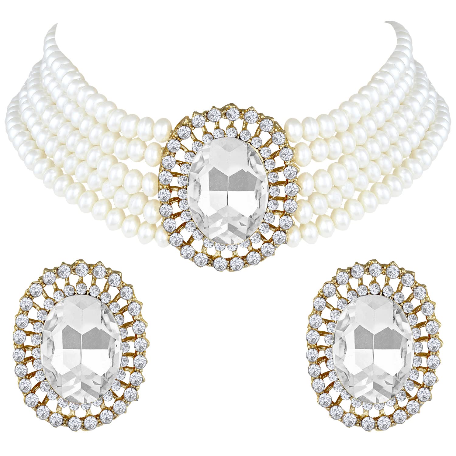 Women's Gold Plated Traditional Green Stone Studded Pearl Choker Necklace Jewellery Set