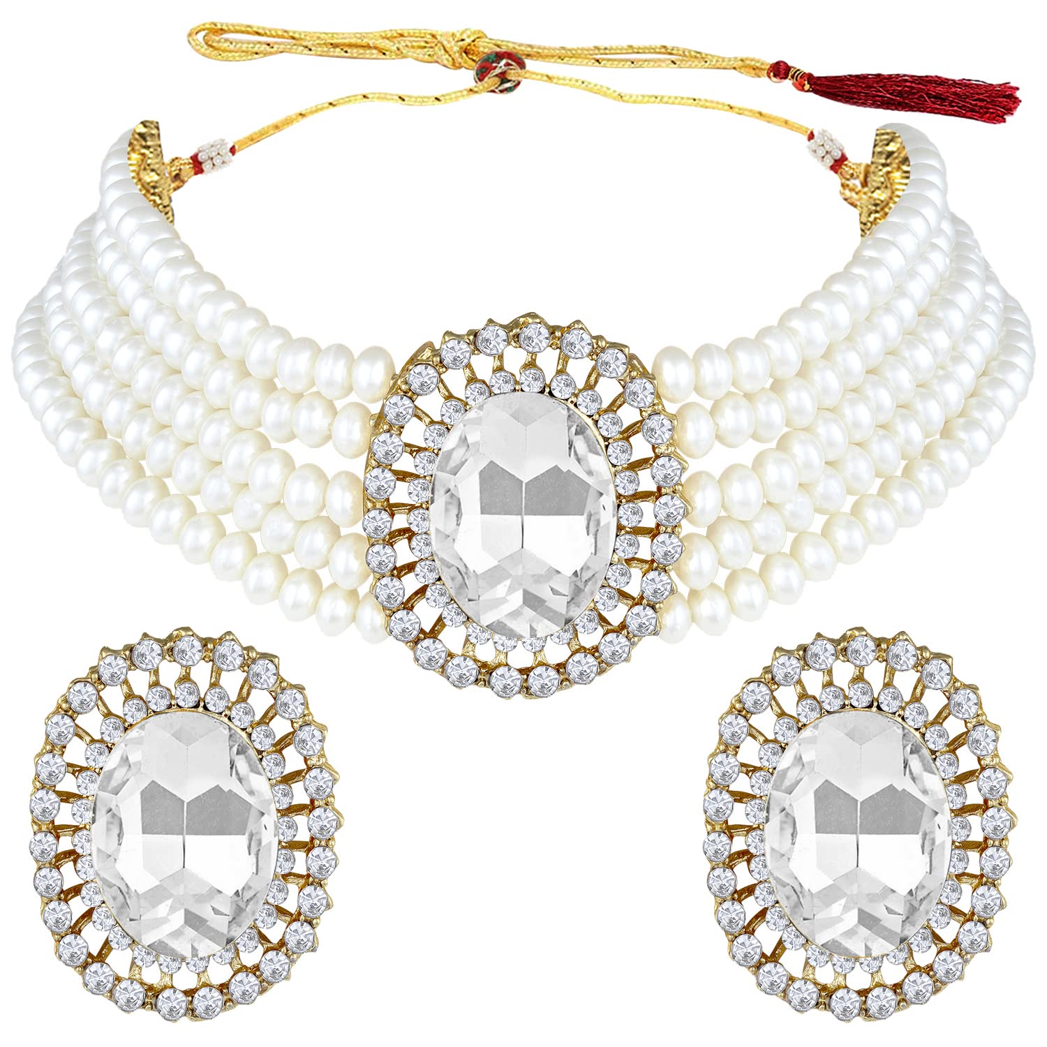 Women's Gold Plated Traditional Green Stone Studded Pearl Choker Necklace Jewellery Set