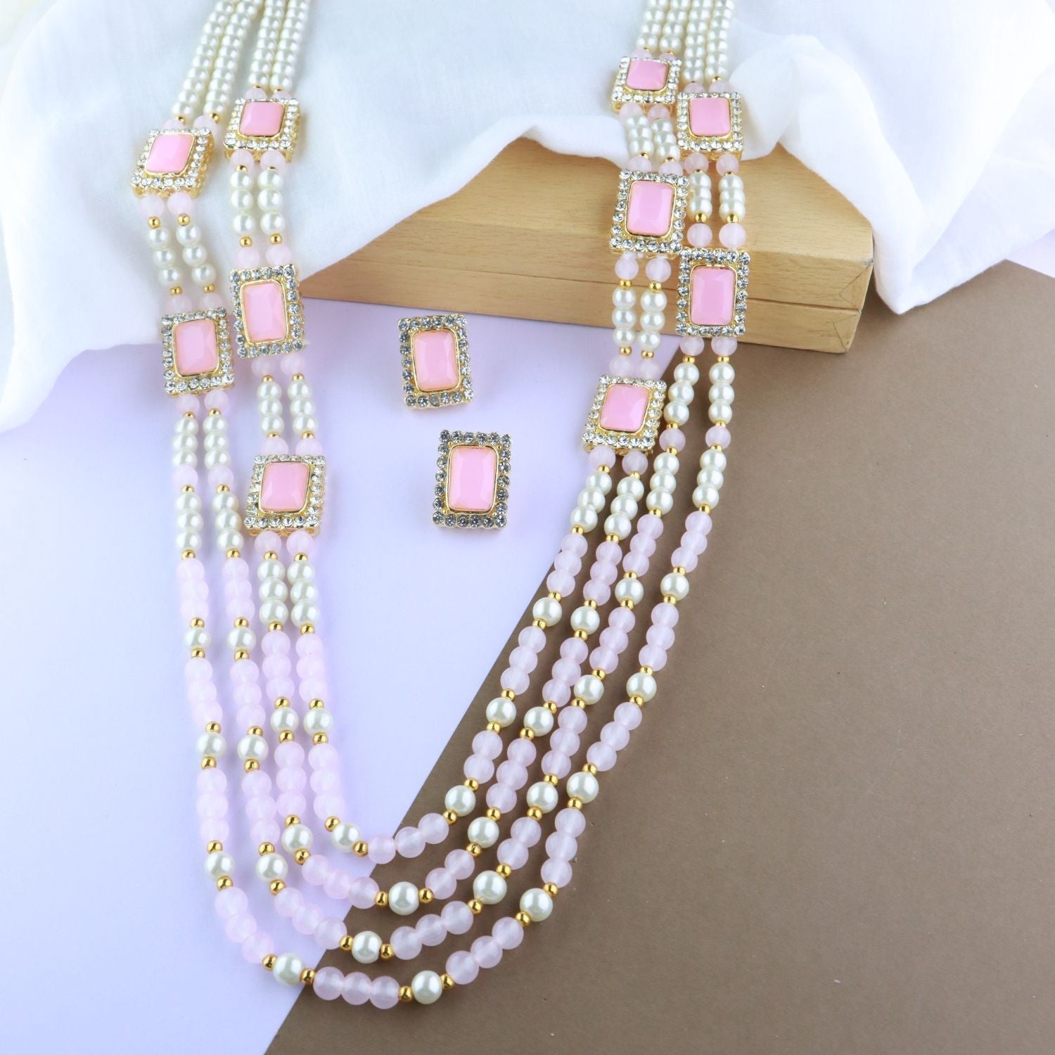Women's 18K Gold Plated Traditional Pink Stone Studded Multi Strand Long Pearl Necklace Jewellery with Stud Earrings Set