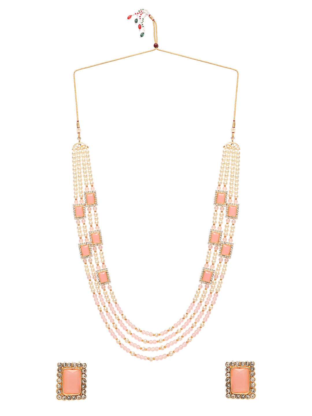 Women's 18K Gold Plated Traditional Pink Stone Studded Multi Strand Long Pearl Necklace Jewellery with Stud Earrings Set