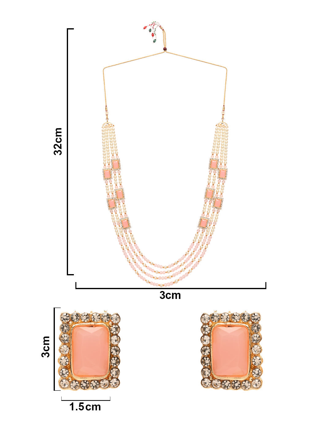 Women's 18K Gold Plated Traditional Pink Stone Studded Multi Strand Long Pearl Necklace Jewellery with Stud Earrings Set