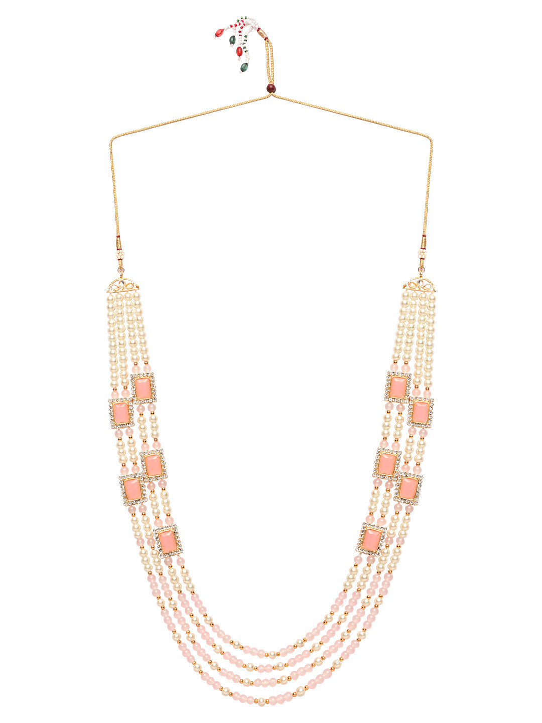 Women's 18K Gold Plated Traditional Pink Stone Studded Multi Strand Long Pearl Necklace Jewellery with Stud Earrings Set