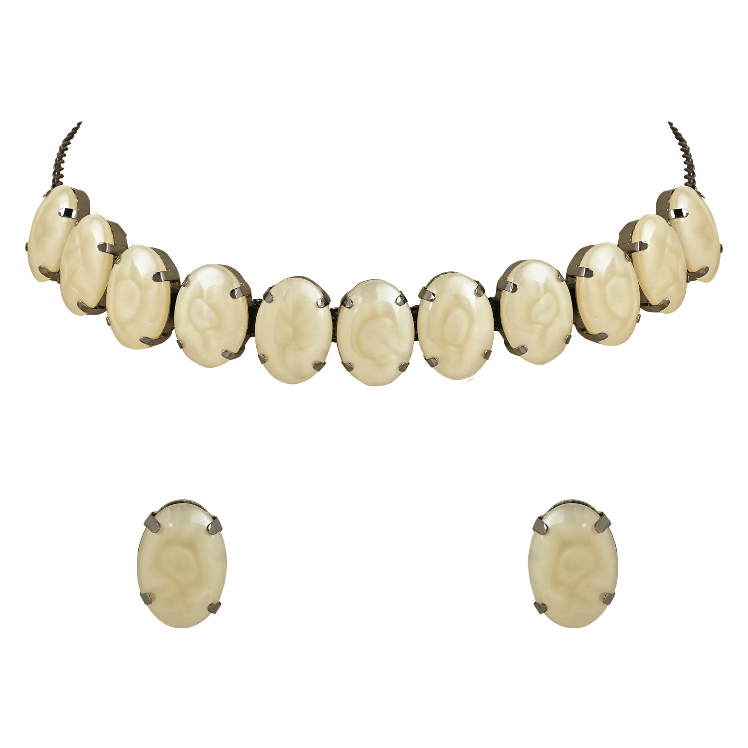 Women's Glamorous Fashionable Eye-Catching Cream Beaded Choker and Earrings Set