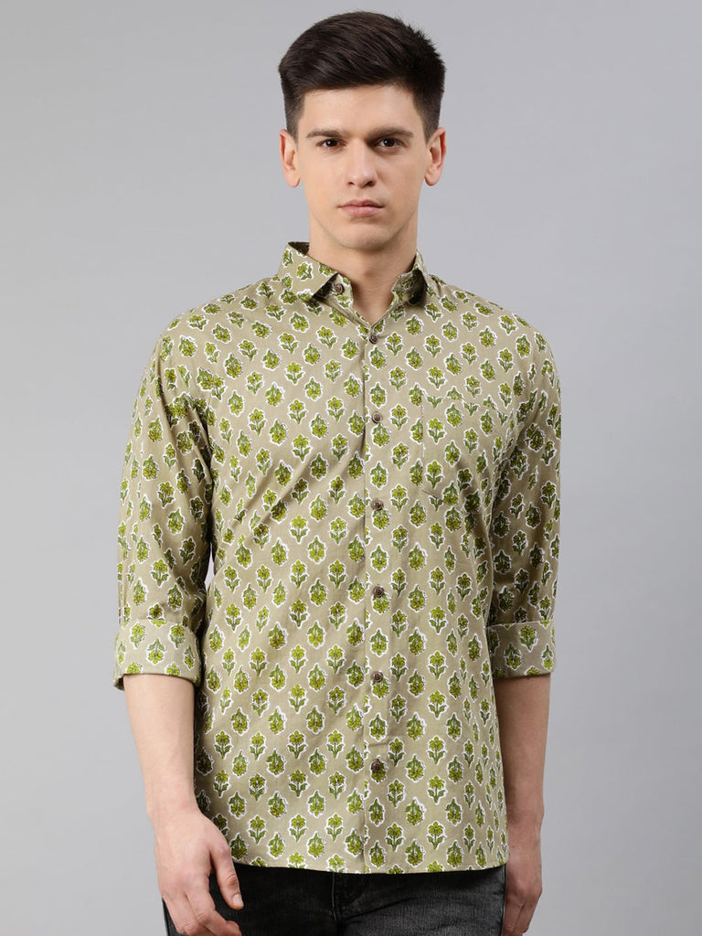 Men's Green Cotton Full Sleeves Shirts For Men