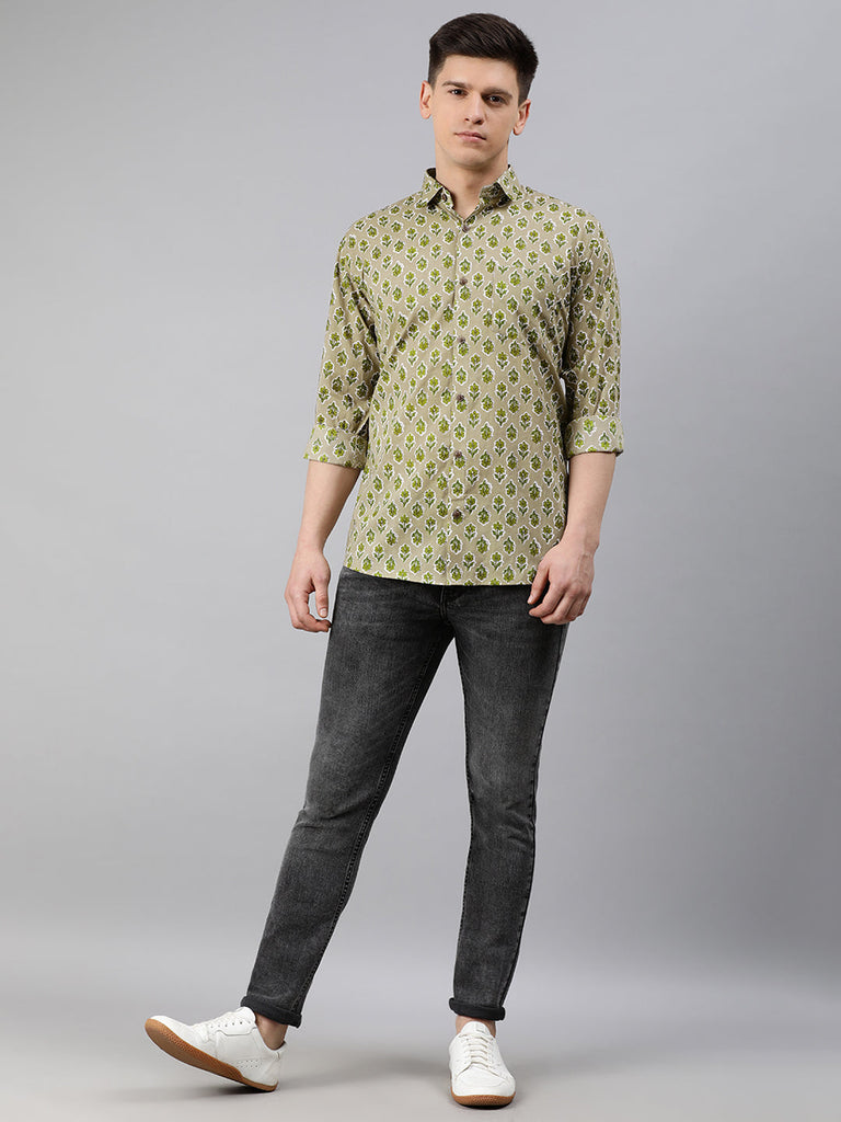Men's Green Cotton Full Sleeves Shirts For Men