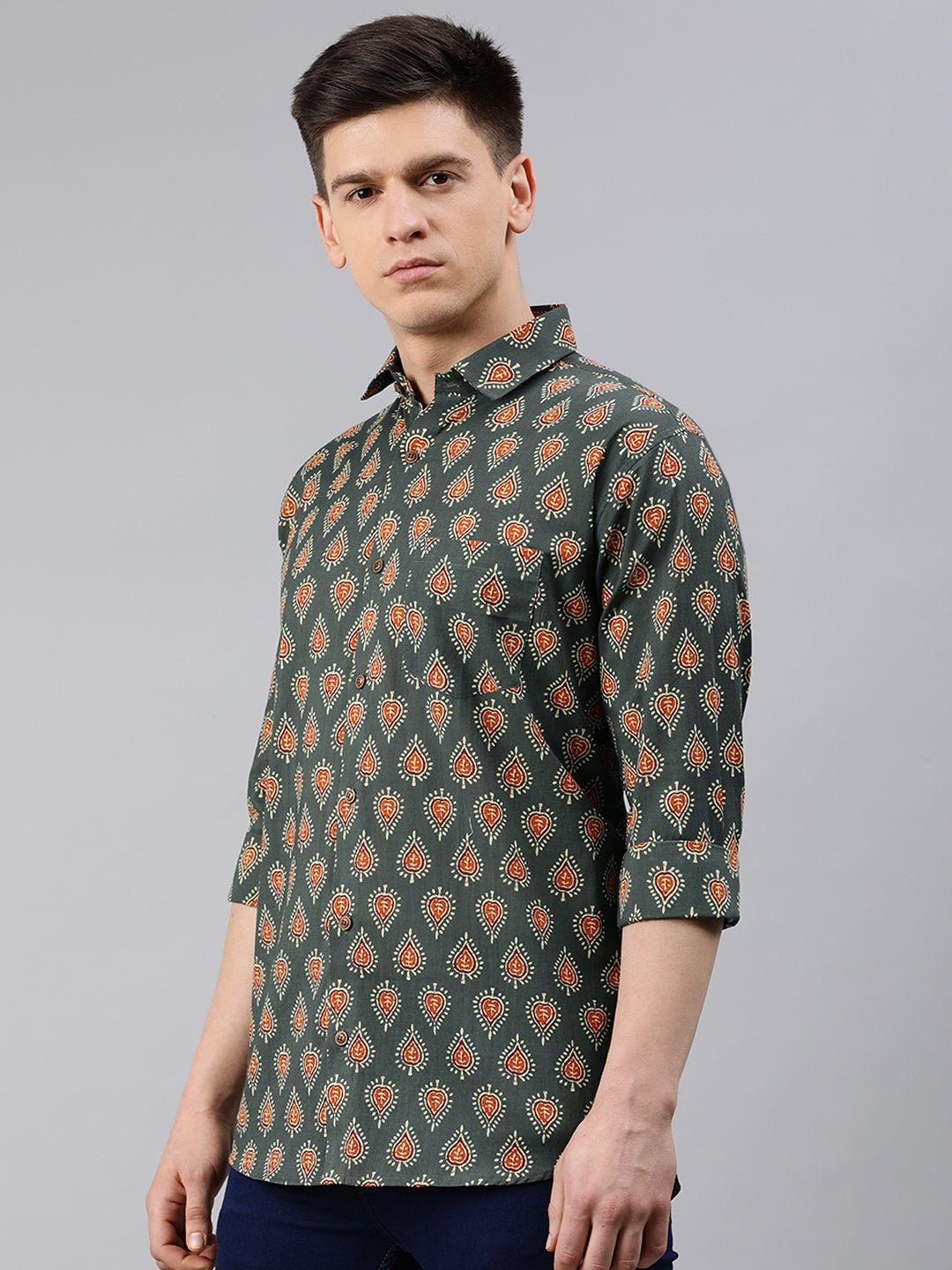 Men's Dark Green Cotton Full Sleeves Shirts For Men - Taantav