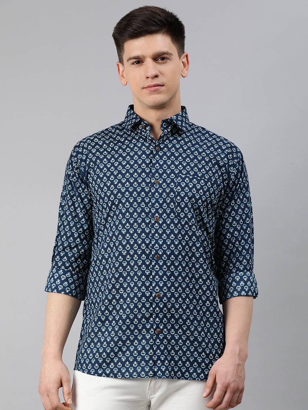 Men's Navy Blue Cotton Full Sleeves Shirts For Men - Taantav