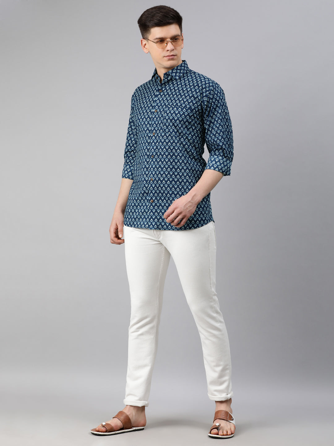 Men's Navy Blue Cotton Full Sleeves Shirts For Men - Taantav