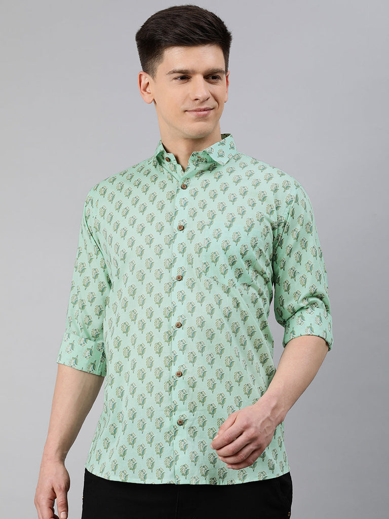 Men's Sea Green Cotton Full Sleeves Shirts For Men