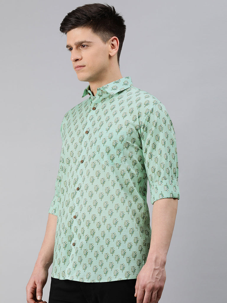 Men's Sea Green Cotton Full Sleeves Shirts For Men