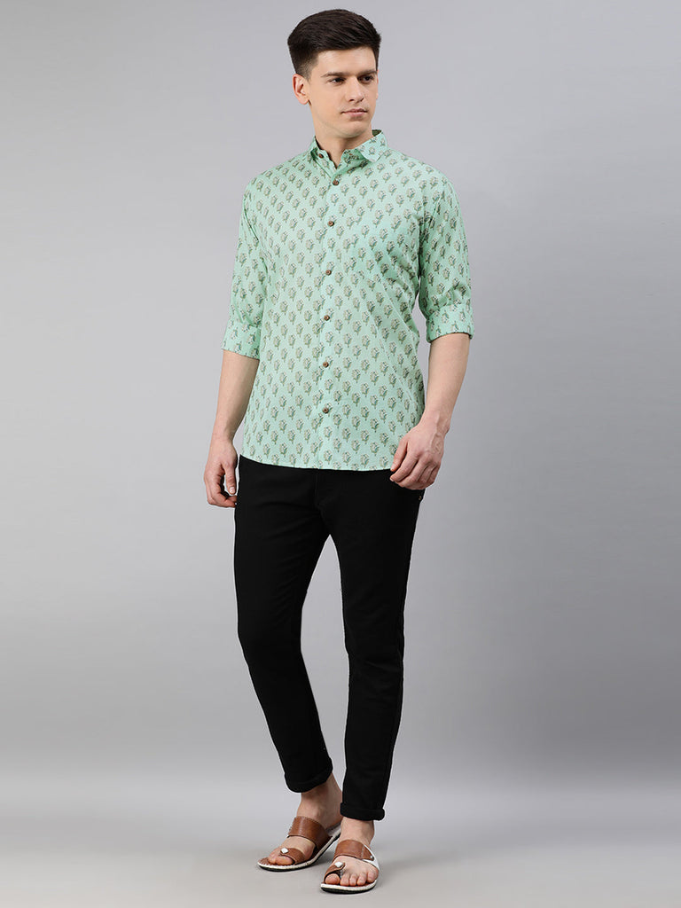 Men's Sea Green Cotton Full Sleeves Shirts For Men