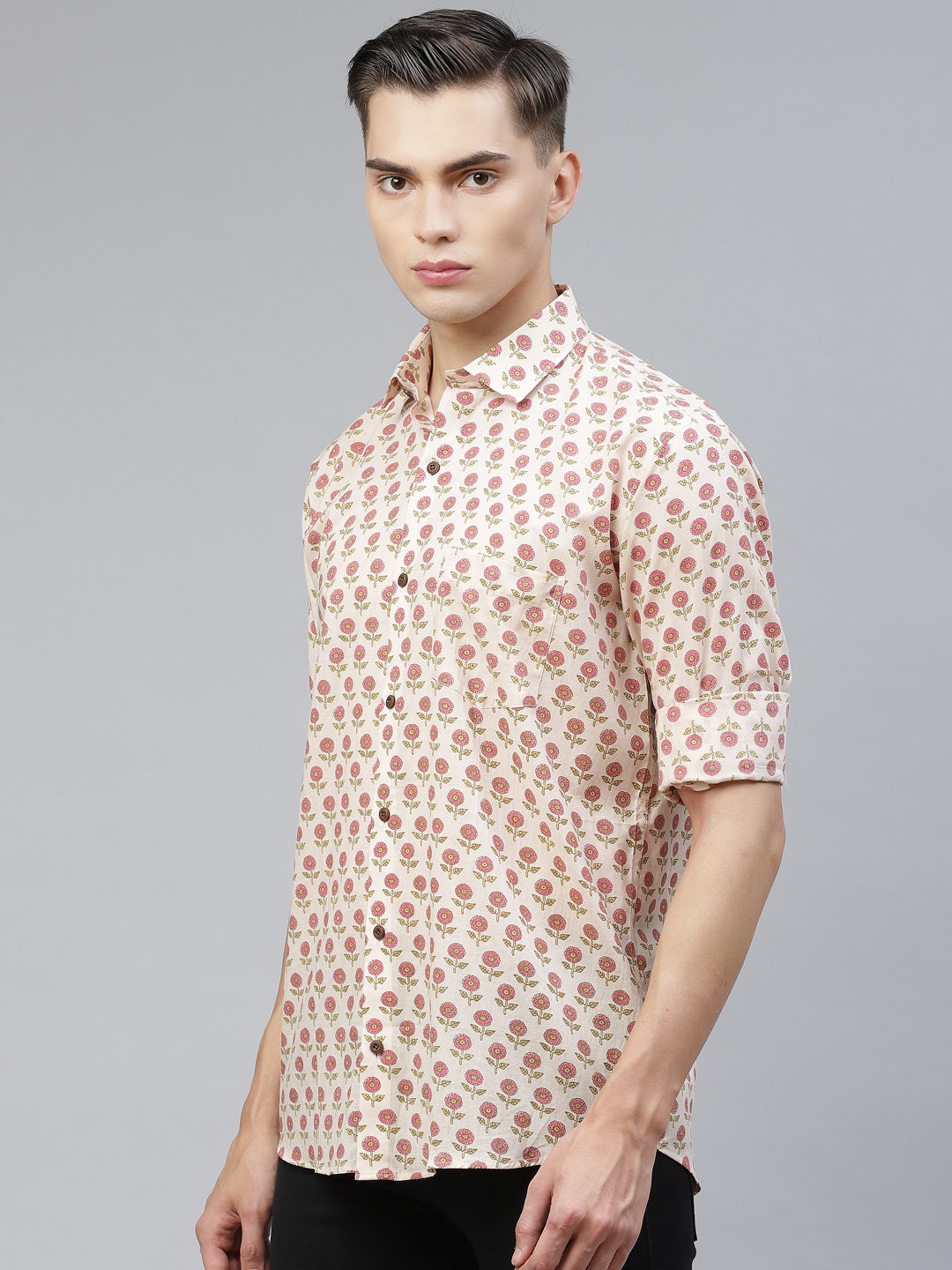 Men's Beige Cotton Full Sleeves Shirt - Taantav