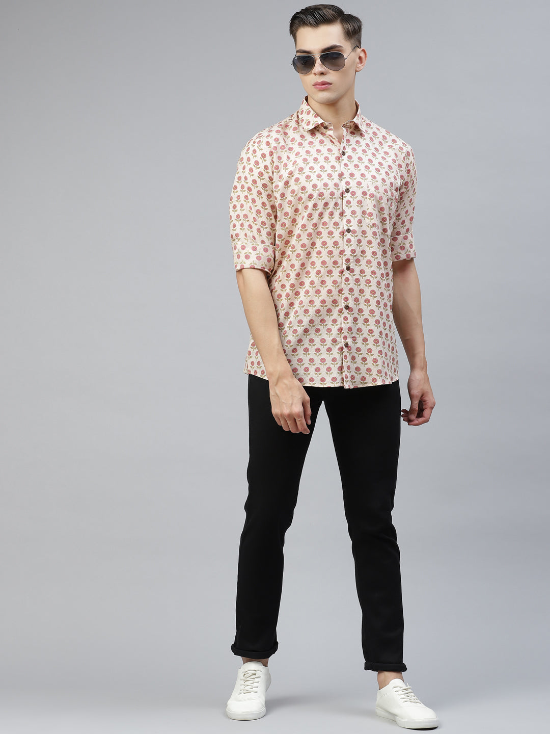 Men's Beige Cotton Full Sleeves Shirt - Taantav