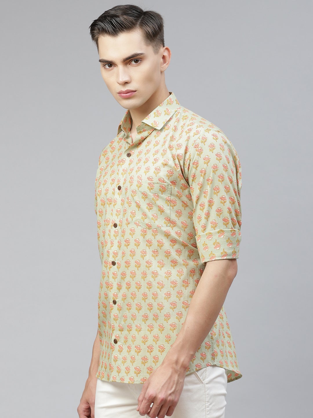 Men's Light Green Cotton Full Sleeves Shirt - Taantav