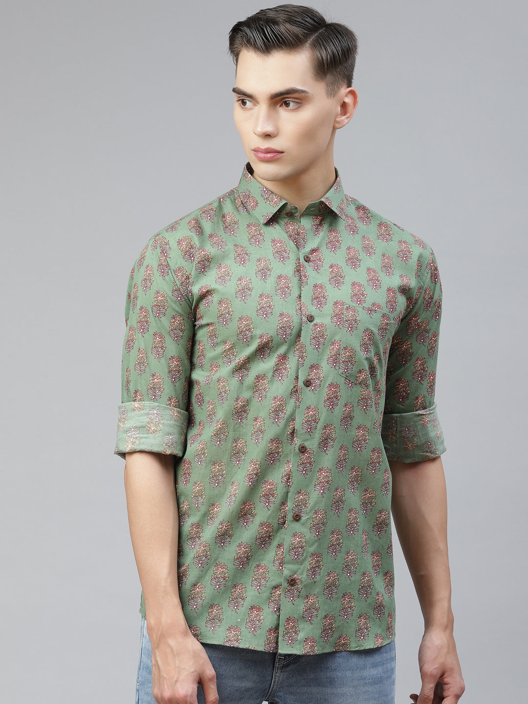 Men's Green Cotton Full Sleeves Shirt - Taantav