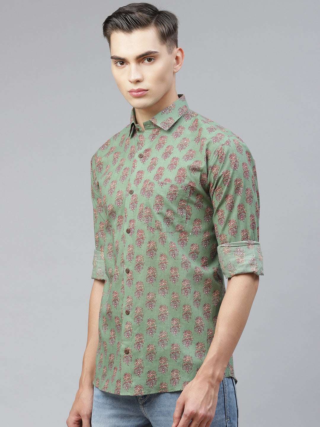 Men's Green Cotton Full Sleeves Shirt - Taantav