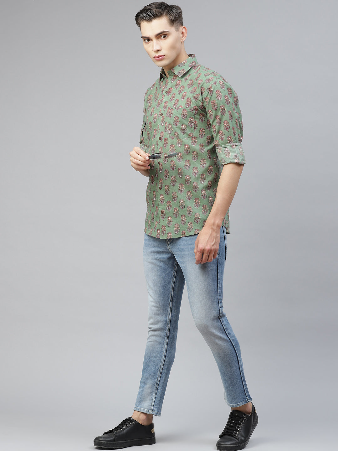 Men's Green Cotton Full Sleeves Shirt - Taantav