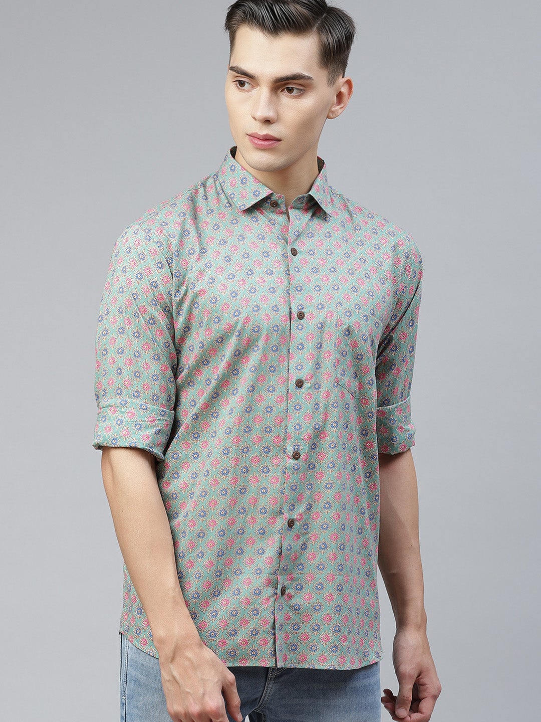 Men's Aqua Green Cotton Full Sleeves Shirt - Taantav