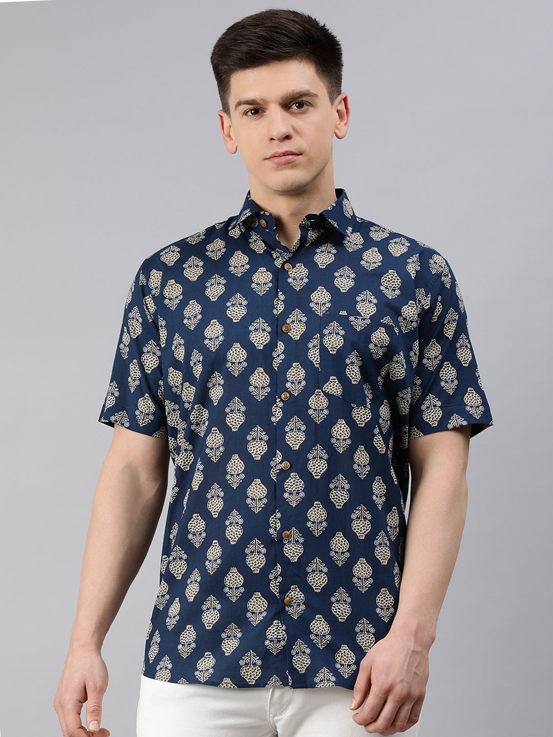 Men's Navy Blue Cotton Short Sleeves Shirts For Men - Taantav