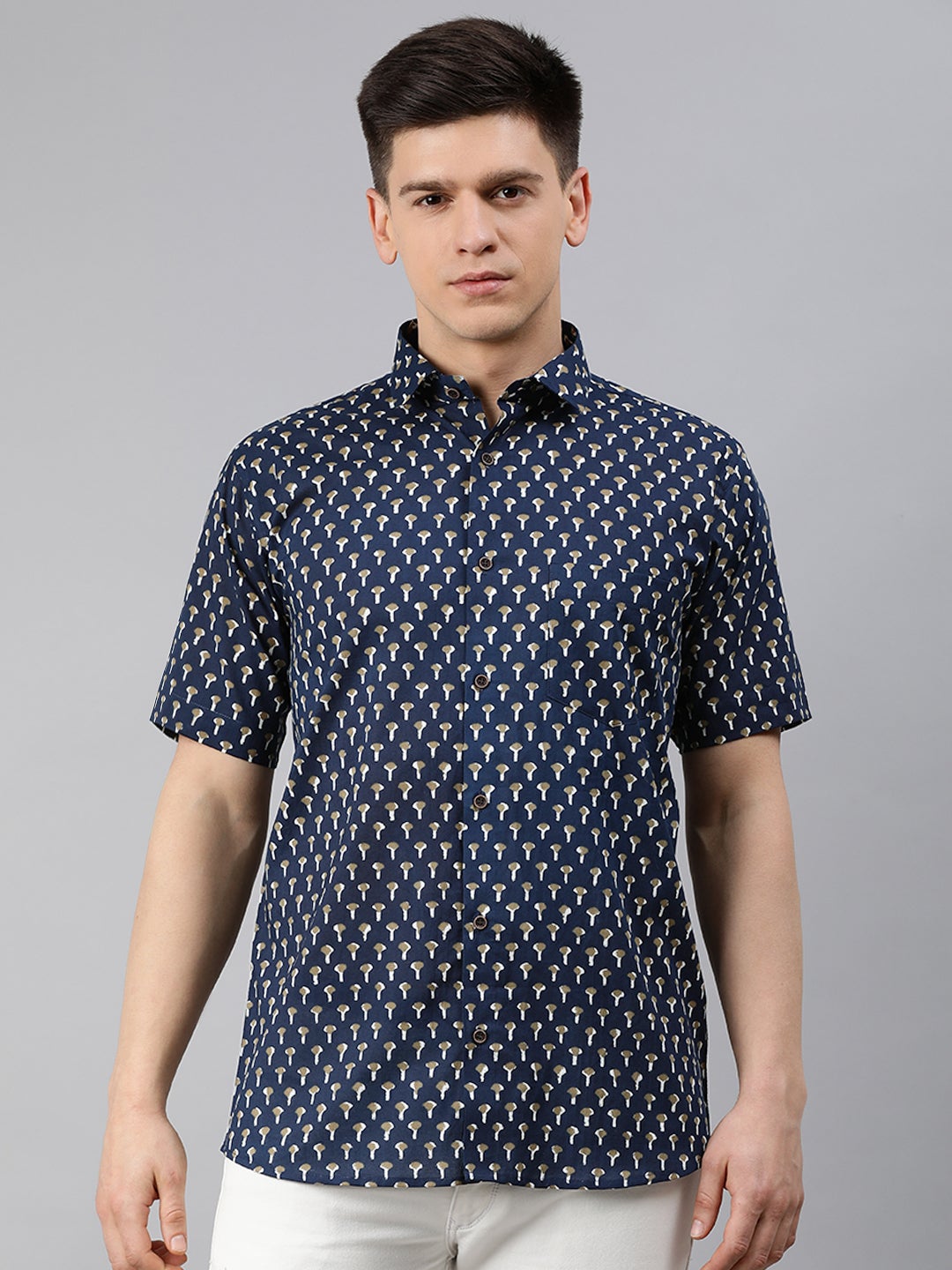 Men's Navy Blue Cotton Short Sleeves Shirts For Men - Taantav