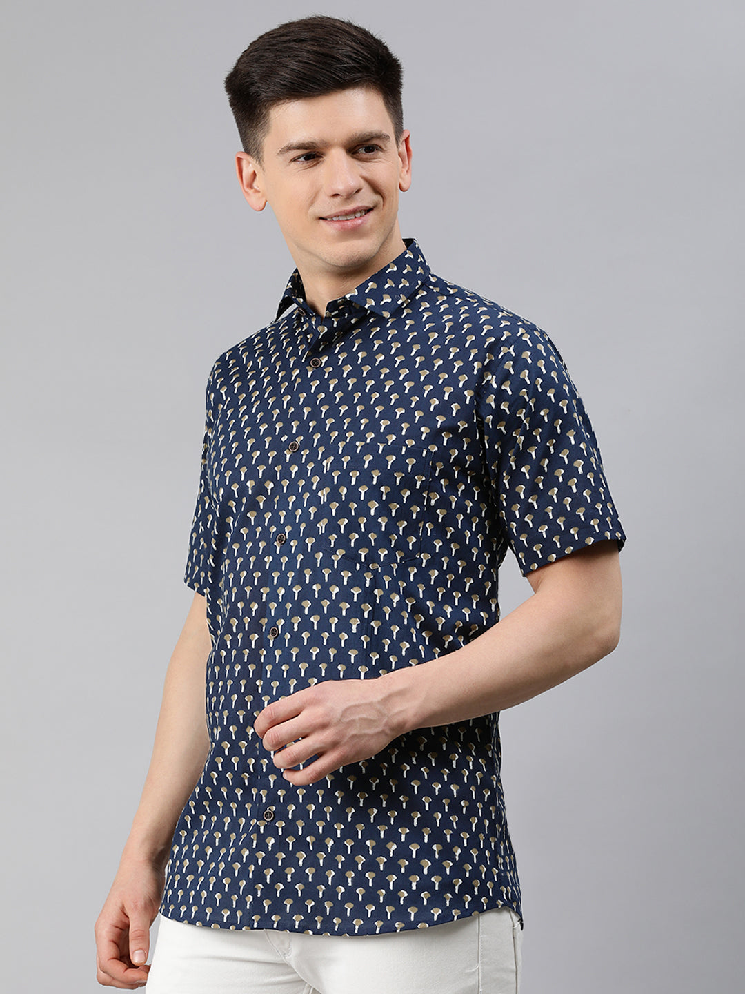 Men's Navy Blue Cotton Short Sleeves Shirts For Men - Taantav