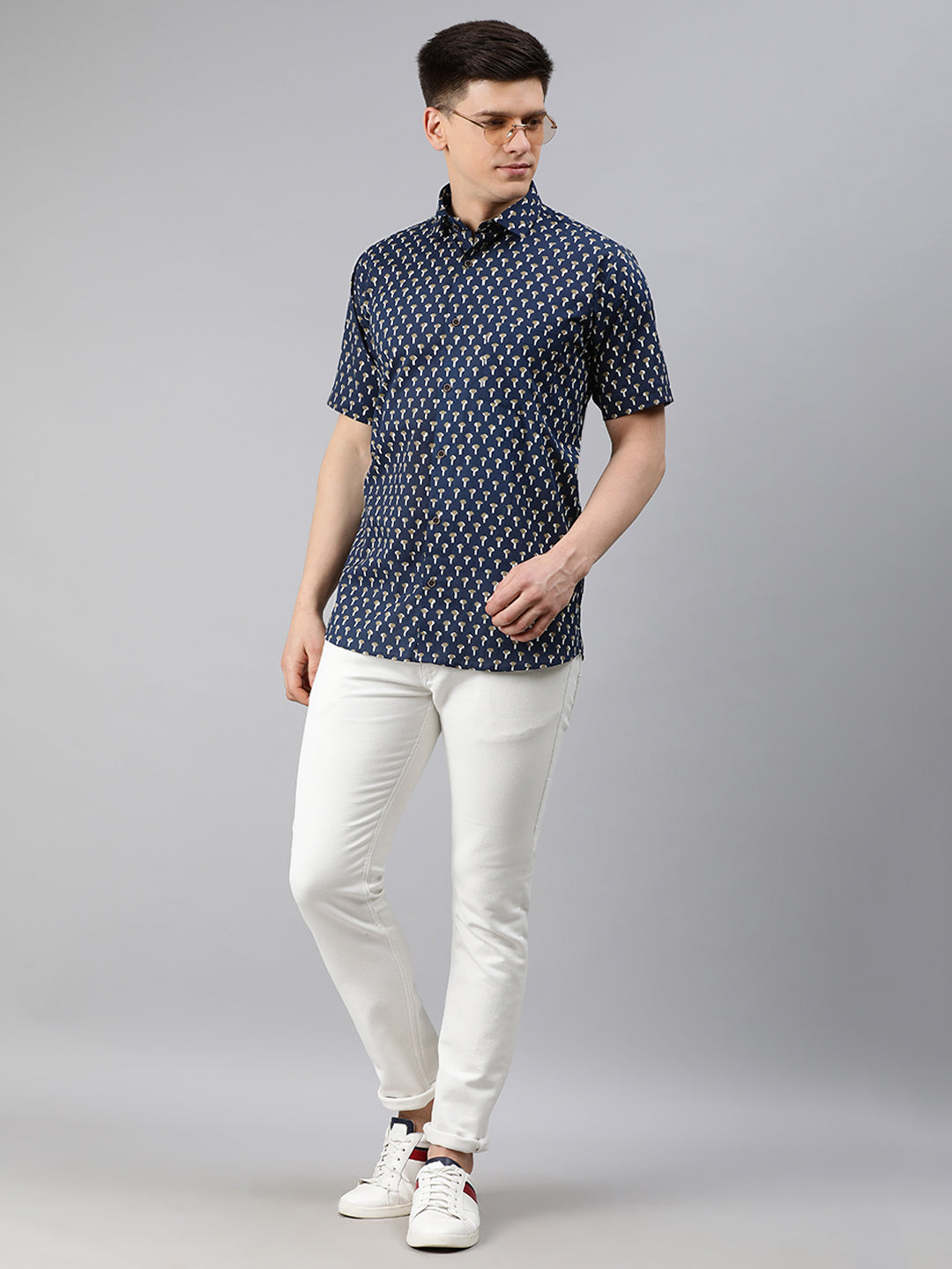 Men's Navy Blue Cotton Short Sleeves Shirts For Men - Taantav