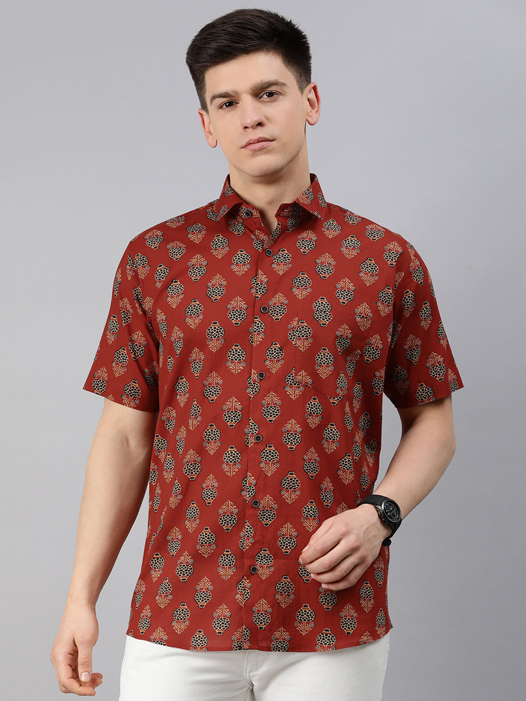 Men's Maroon Cotton Short Sleeves Shirts For Men - Taantav