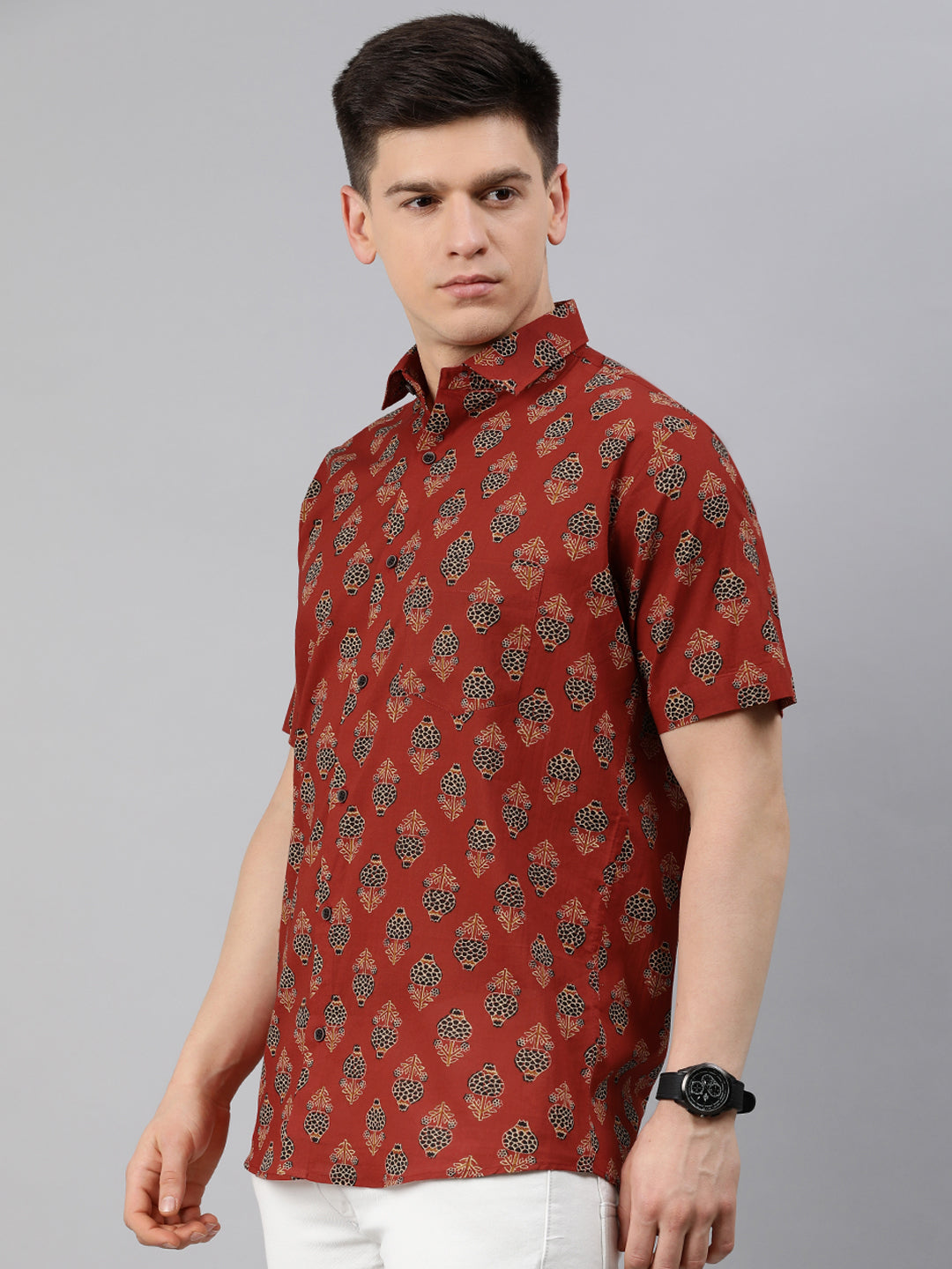 Men's Maroon Cotton Short Sleeves Shirts For Men - Taantav