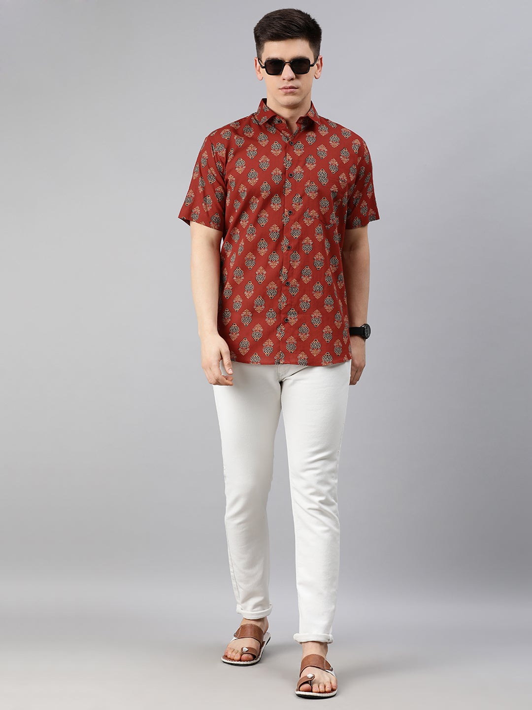 Men's Maroon Cotton Short Sleeves Shirts For Men - Taantav