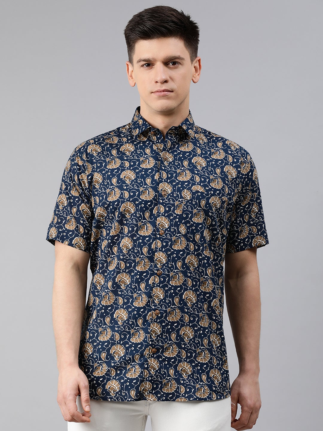 Men's Navy Blue Cotton Short Sleeves Shirts For Men - Taantav