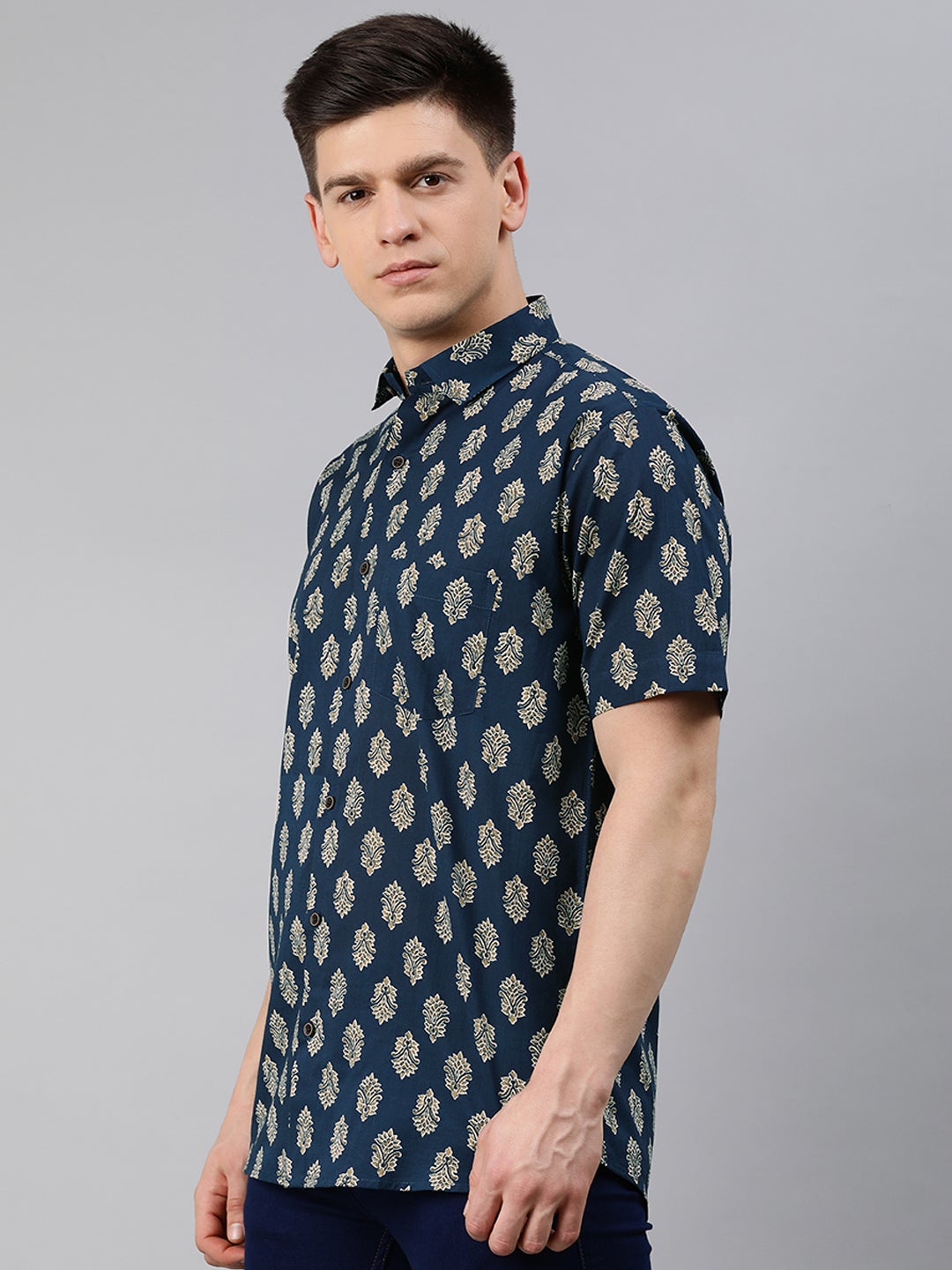 Men's Navy Blue Cotton Short Sleeves Shirts For Men - Taantav