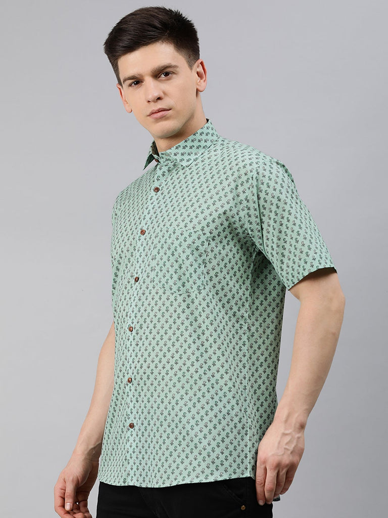 Men's Sea Green Cotton Short Sleeves Shirts For Men