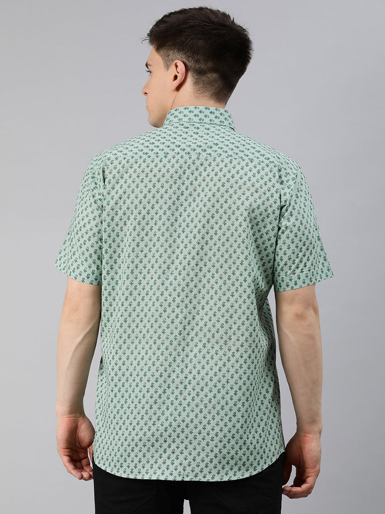 Men's Sea Green Cotton Short Sleeves Shirts For Men