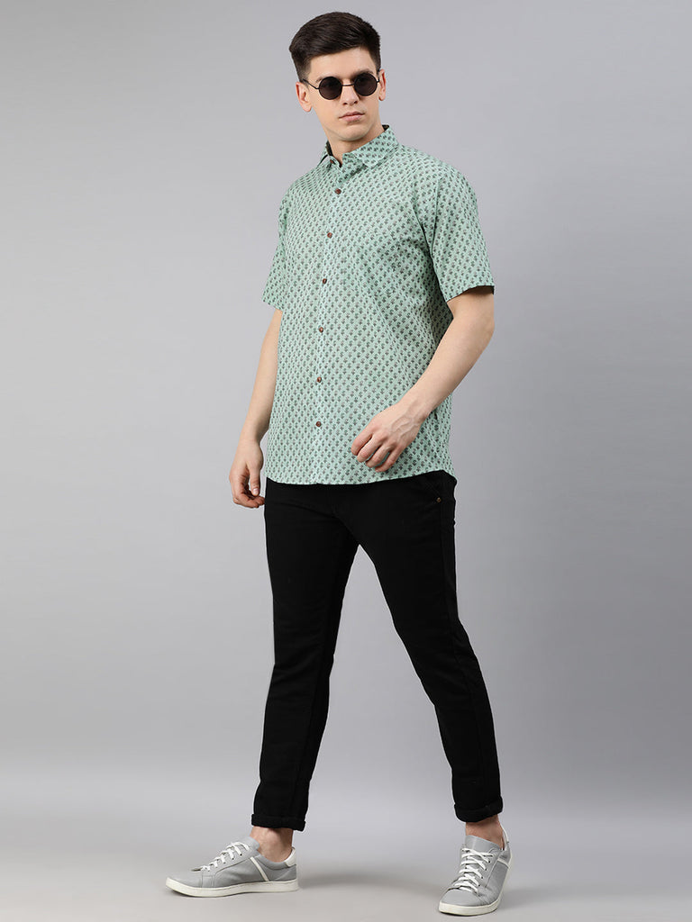 Men's Sea Green Cotton Short Sleeves Shirts For Men