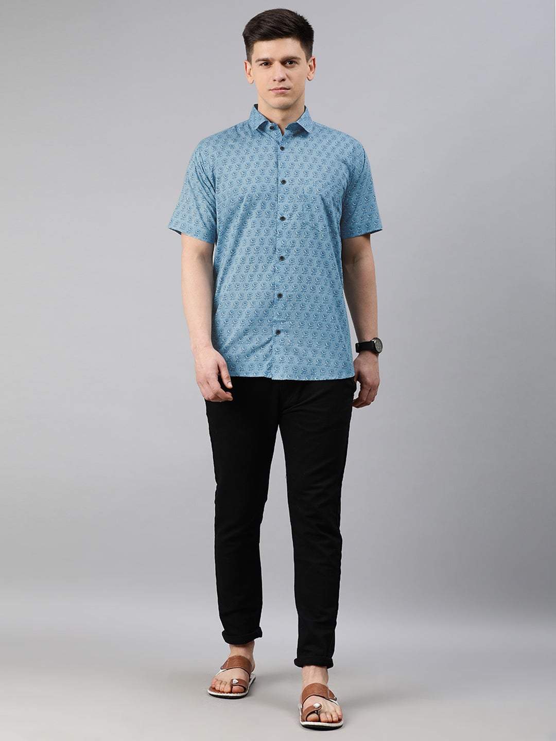 Men's Blue Cotton Short Sleeves Shirts For Men - Taantav