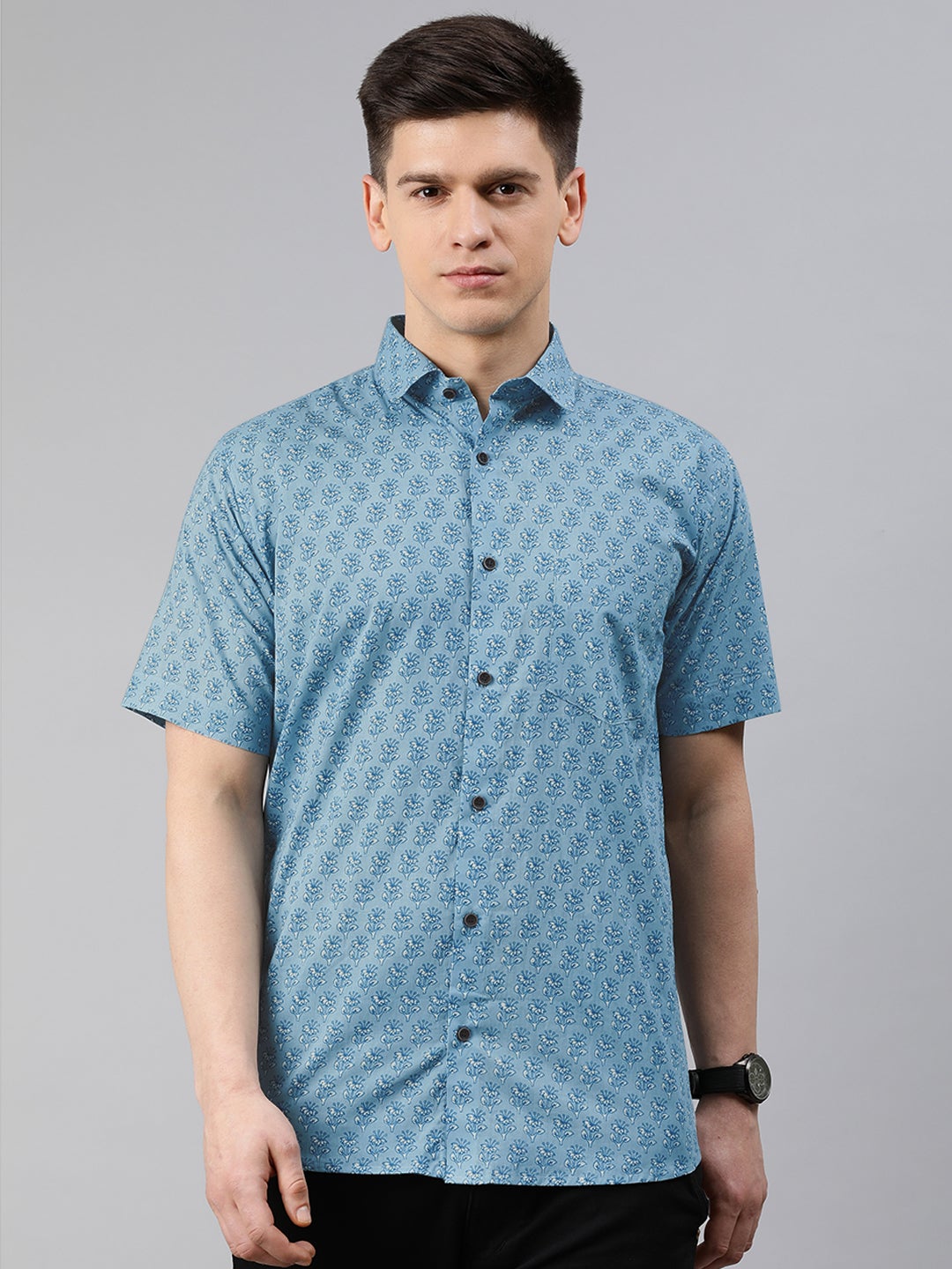 Men's Blue Cotton Short Sleeves Shirts For Men - Taantav